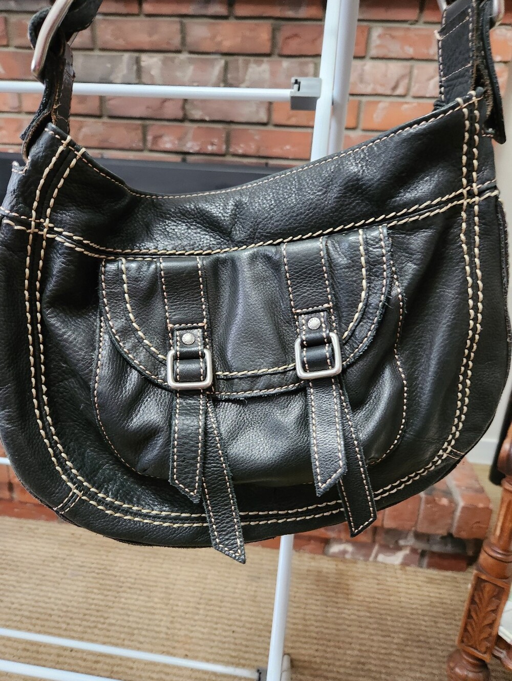 Fossil Black Stitched Leather Shoulder Bag